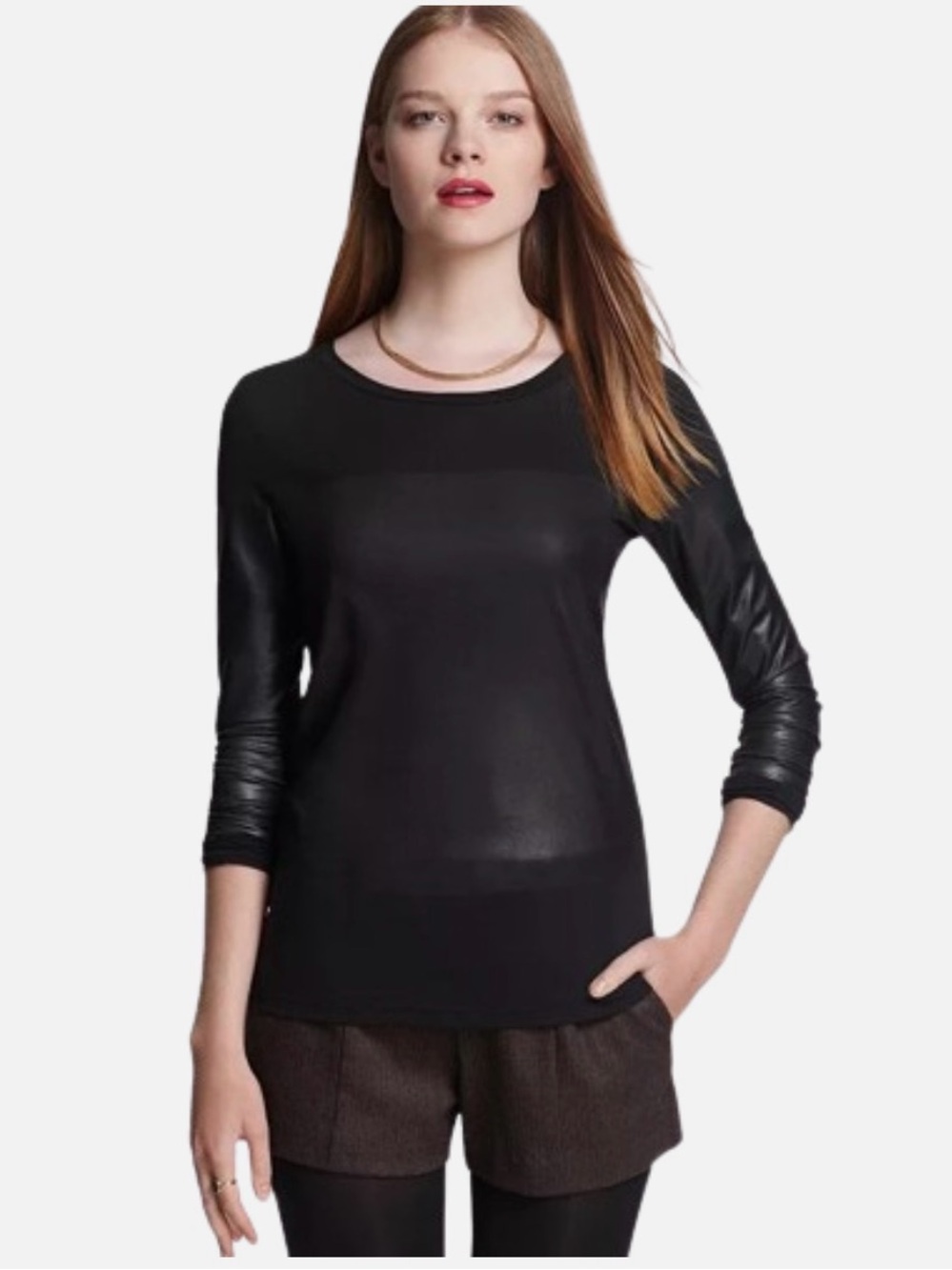 THEORY Henroa G Encase Mixed Media Faux Leather Cotton Black Knit Long Sleeve L